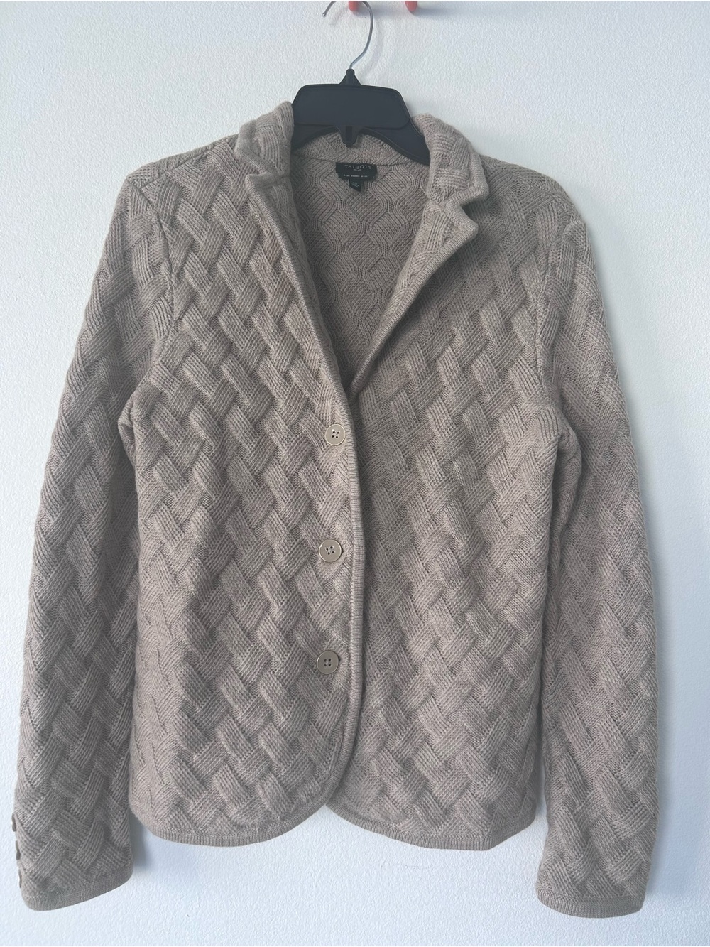 NWOT Talbots Taupe Merino Wool Basket Weave Button-Front Blazer Style Sweater